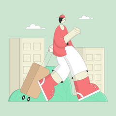 Vector graphic illustration of a man carrying a suitcase for web, business or landing page