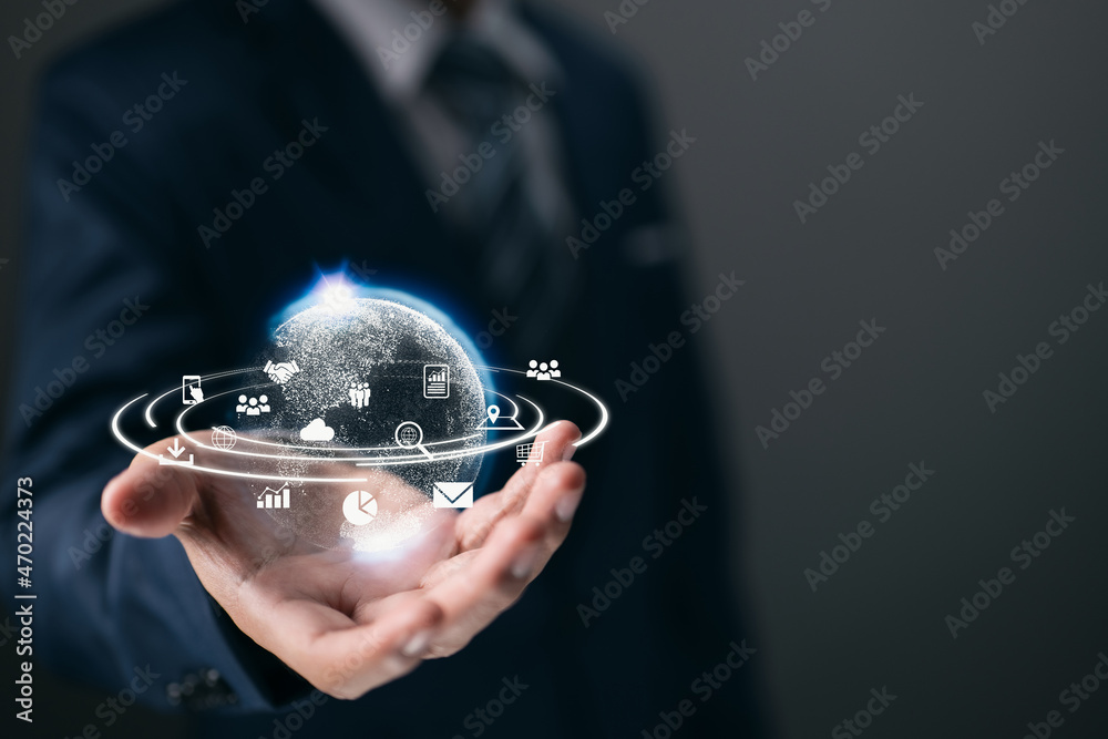 Poster Connection to the world network. The concept of big data analytics and business intelligence. Global business point and line composition concept on a world map. The technology of digital links.