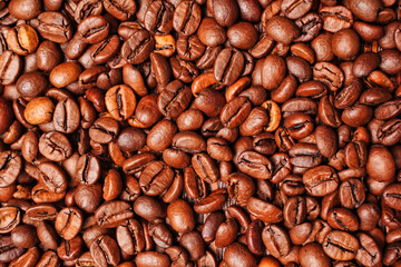 Roasted coffee beans texture background flat lay