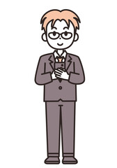 両手で持ったスマホを見ている若いスーツの男性のイラスト素材