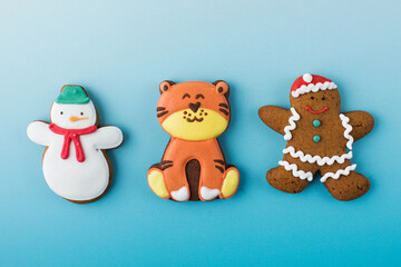 Set of traditional Christmas gingerbread on blue background party banner. Copy space.