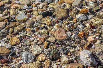 Background of sandy, stones and flowing waves on the sea beach. Summer holidays and coastal nature concept