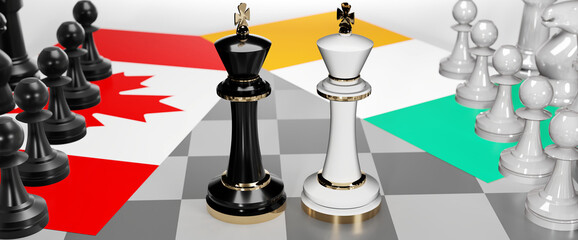 Canada and Ireland - talks, debate, dialog or a confrontation between those two countries shown as two chess kings with flags that symbolize art of meetings and negotiations, 3d illustration