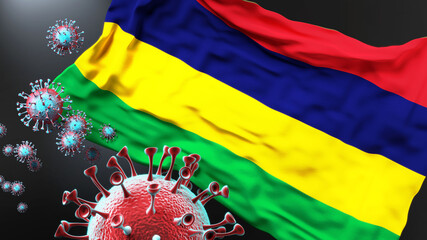 Mauritius and the covid pandemic - corona virus attacking national flag of Mauritius to symbolize the fight, struggle and the virus presence in this country, 3d illustration
