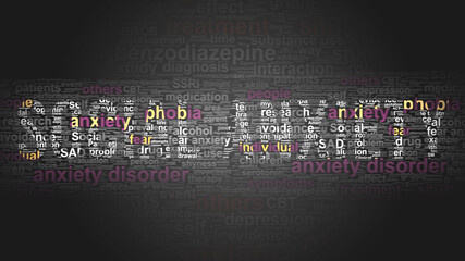 Social anxiety - essential terms related to Social anxiety arranged by importance in a 2-color word cloud poster. Reveal primary and peripheral concepts related to Social anxiety, 3d illustration