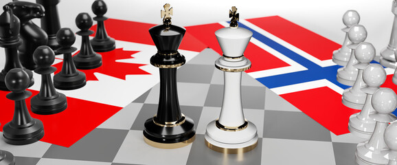 Canada and Norway - talks, debate, dialog or a confrontation between those two countries shown as two chess kings with flags that symbolize art of meetings and negotiations, 3d illustration