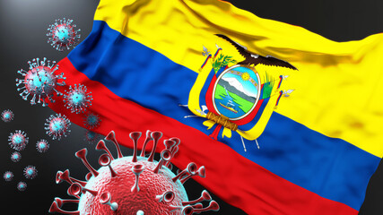 Ecuador and the covid pandemic - corona virus attacking national flag of Ecuador to symbolize the fight, struggle and the virus presence in this country, 3d illustration