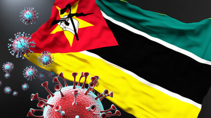 Mozambique and the covid pandemic - corona virus attacking national flag of Mozambique to symbolize the fight, struggle and the virus presence in this country, 3d illustration
