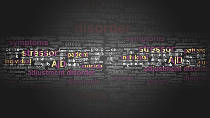 Adjustment disorder - essential terms related to it arranged in a 2-color word cloud poster. Reveals related primary and peripheral concepts, 3d illustration