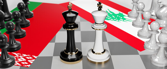 Belarus and Lebanon - talks, debate, dialog or a confrontation between those two countries shown as two chess kings with flags that symbolize art of meetings and negotiations, 3d illustration