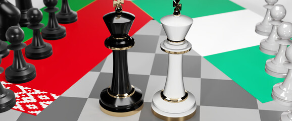 Belarus and Nigeria - talks, debate, dialog or a confrontation between those two countries shown as two chess kings with flags that symbolize art of meetings and negotiations, 3d illustration