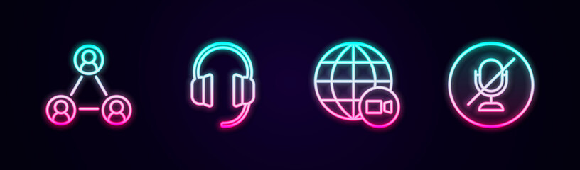Set line Meeting, Headphones, Video chat conference and Mute microphone. Glowing neon icon. Vector