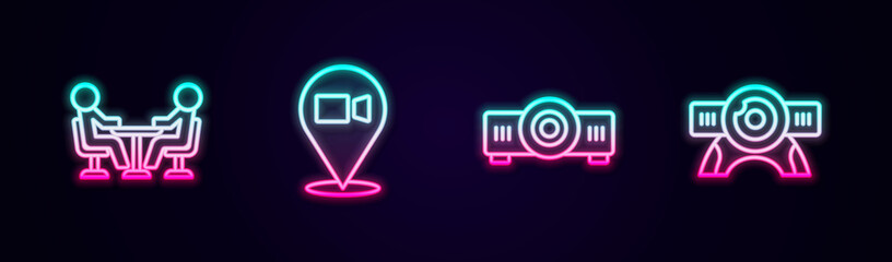 Set line Meeting, Video chat conference, Movie, film, media projector and Web camera. Glowing neon icon. Vector