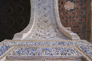 Patios, courtyards garden halls hallways colonnades frescoes tiles pillars in Moorish Arabian...