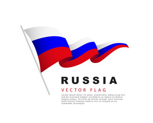 The flag of Russia hangs on a flagpole develops in the wind. Vector illustration isolated on white background.