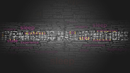 Hypnagogic hallucinations - essential terms related to it arranged in a 2-color word cloud poster. Reveals related primary and peripheral concepts, 3d illustration