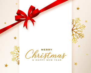 merry christmas realistic greeting with ribbon and golden snowflakes