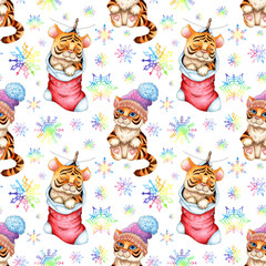 A watercolor painting picture with a cartoon tiger cub sleeping in a Christmas sock, a tiger cub in a hat and snowflakes. The symbol of the Chinese New Year, Christmas. Winter childrens illustration. 