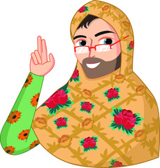 cheerful old woman with a beard in a scarf 