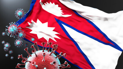 Nepal and the covid pandemic - corona virus attacking national flag of Nepal to symbolize the fight, struggle and the virus presence in this country, 3d illustration