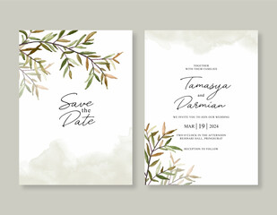 Fototapeta na wymiar Elegant wedding invitation template with foliage watercolor
