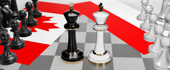 Canada and Indonesia - talks, debate, dialog or a confrontation between those two countries shown as two chess kings with flags that symbolize art of meetings and negotiations, 3d illustration