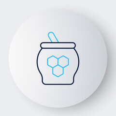 Line Jar of honey and honey dipper stick icon isolated on white background. Food bank. Sweet natural food symbol. Honey ladle. Colorful outline concept. Vector