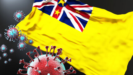 Niue and the covid pandemic - corona virus attacking national flag of Niue to symbolize the fight, struggle and the virus presence in this country, 3d illustration