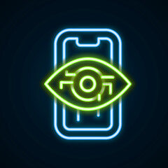 Glowing neon line Computer vision icon isolated on black background. Technical vision, eye circuit, video surveillance system, augmented reality systems. Colorful outline concept. Vector
