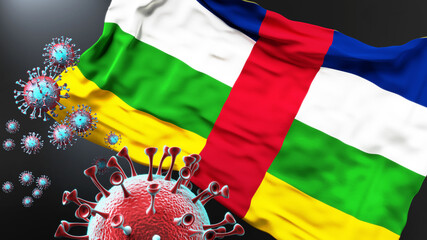 Central African Republic and the covid pandemic - corona virus attacking its national flag to symbolize fight with the virus in this country, 3d illustration