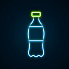 Glowing neon line Bottle of water icon isolated on black background. Soda aqua drink sign. Colorful outline concept. Vector