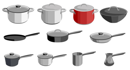 Pans pots and saucepans. Kitchen pan objects, kitchenware tools collection for cooking. Elements for boiling and frying cartoon vector illustration isolated on white background.