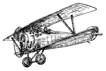 Biplane flying. Vintage hand drawn biplane. Vector airplane illustration. An old airplane. Retro plane sketch. Vector hand drawn illustration. © EVGENIY