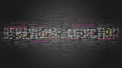 Behavioral addiction - essential terms related to it arranged in a 2-color word cloud poster. Reveals related primary and peripheral concepts, 3d illustration