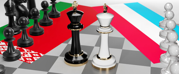 Belarus and Luxembourg - talks, debate, dialog or a confrontation between those two countries shown as two chess kings with flags that symbolize art of meetings and negotiations, 3d illustration
