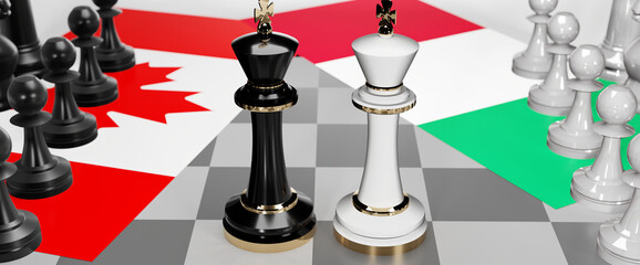 Canada and Italy - talks, debate, dialog or a confrontation between those two countries shown as two chess kings with flags that symbolize art of meetings and negotiations, 3d illustration