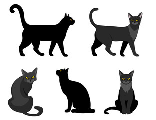 Black cat vector silhouettes set isolated on white background, cats in different poses