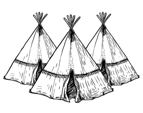 Native American wigwam, traditional housing sketch.Vector illustration with wigwam american indians isolated on white background. Tribal theme background with wigwam