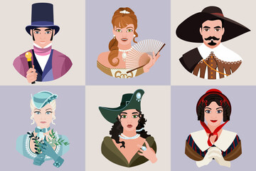 Set of avatars of historical costumes of high society for men and women. Historical costume. Flat vector illustration. - obrazy, fototapety, plakaty