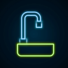 Glowing neon line Washbasin with water tap icon isolated on black background. Colorful outline concept. Vector