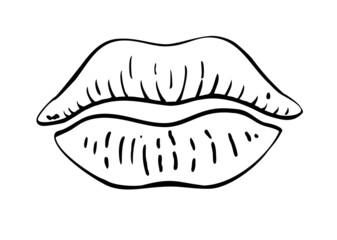 Sexy plump lips kiss isolated line art. Parts of the face sketch. Hand drawn illustration, Vector element