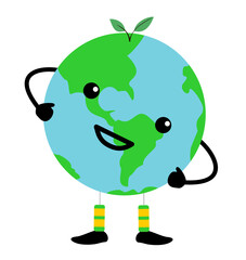 Earth emoji. Happy emoticon. Save the planet, Earth hug drawing. Cute cartoon Earth Day. Isolated vector illustration