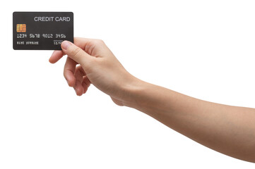 Woman hand holds black credit card isolated on white background.	