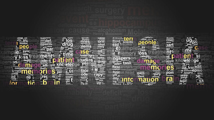 Amnesia - essential subjects and terms related to Amnesia arranged by importance in a 2-color word cloud poster. Reveal primary and peripheral concepts related to Amnesia, 3d illustration