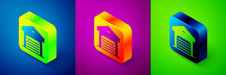 Isometric Warehouse icon isolated on blue, purple and green background. Square button. Vector