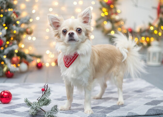 Chihuahua in Christmas stands against the background of a decorated Christmas tree