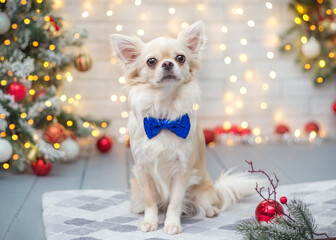 Chihuahua in Christmas stands against the background of a decorated Christmas tree