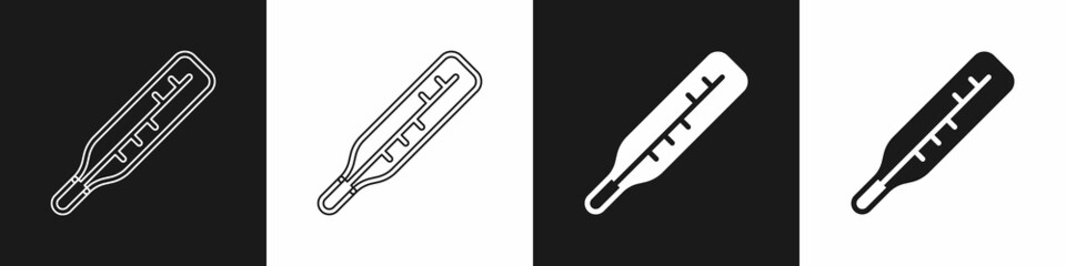 Set Medical thermometer for medical examination icon isolated on black and white background. Vector