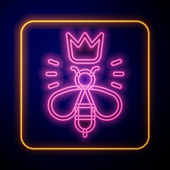 Glowing neon Queen bee icon isolated on black background. Sweet natural food. Honeybee or apis with wings symbol. Flying insect. Vector