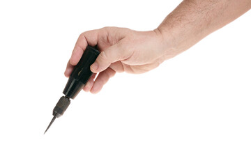 Hand holds an awl on a white background, template for designers
